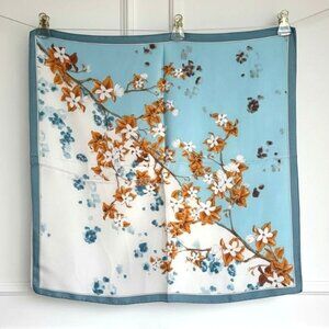 Luxurious Elegant Silky Square Scarf Teal White Floral Garden Soft Satin Bandana
